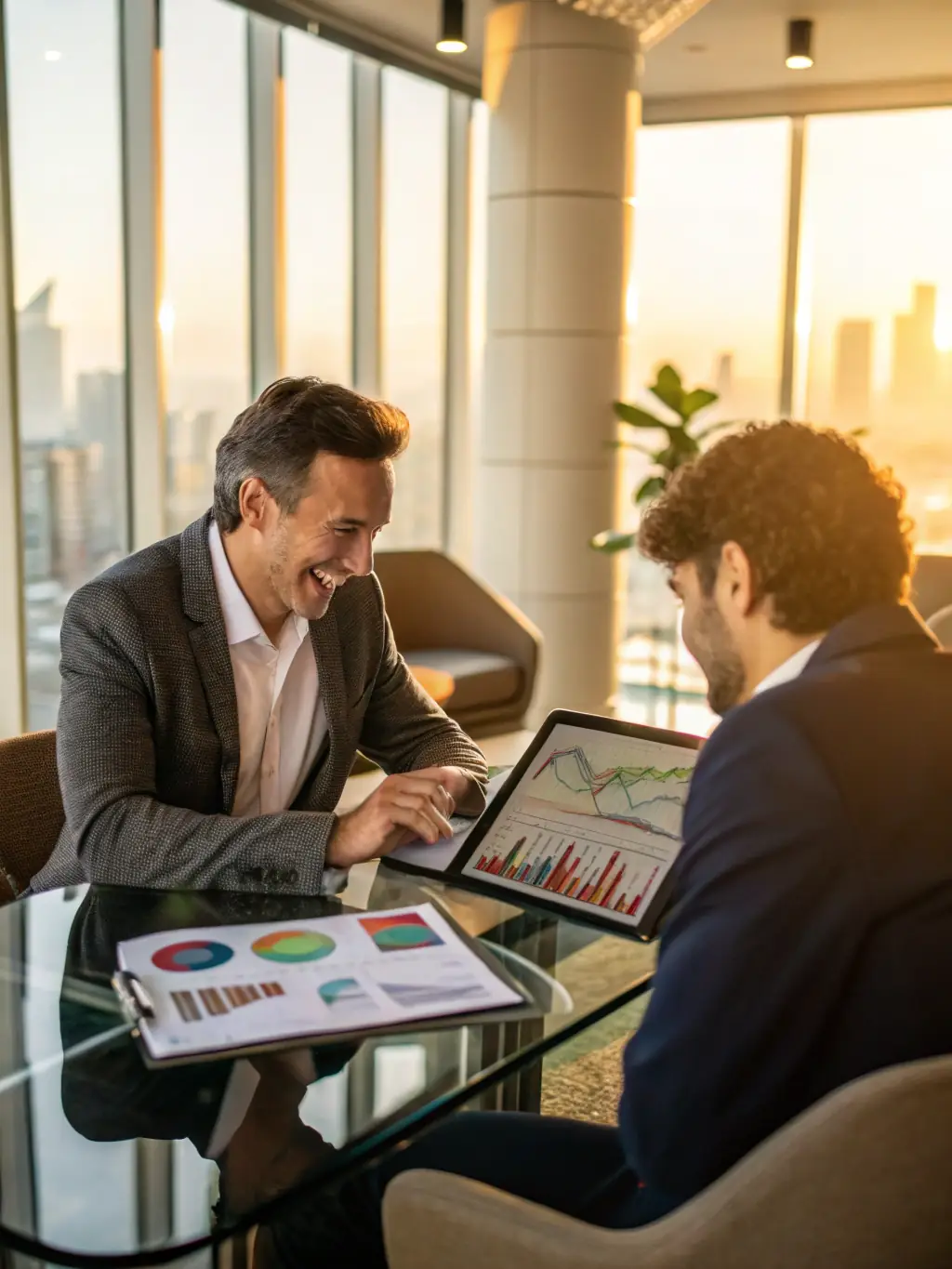 A modern office space with consultants reviewing property documents and digital displays showing market analysis data.